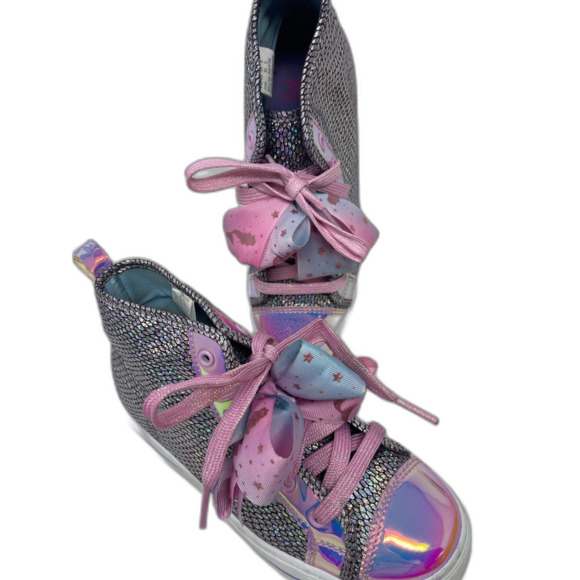 Justice Girl's Bow Silver & Pink Shimmer Glitter Sneakers Shoes Lace Up Size 4 - Picture 4 of 10